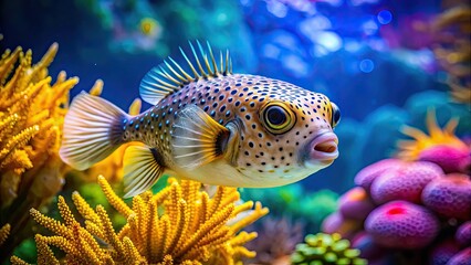 Poster - Pufferfish swimming in a colorful aquarium in a rendering, pufferfish, underwater, aquarium,rendering, swimming, sea life