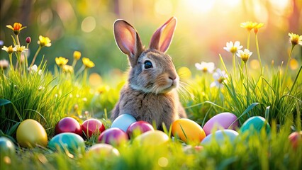 Poster - Playful rabbit sitting in a sunlit meadow with colorful Easter eggs, embodying the spirit of spring, spring, Easter, meadow, rabbit