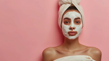 Poster - A woman with white facial mask on her face against pink wall.