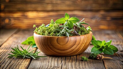 Wall Mural - Herbs in a wooden bowl isolated on background, herbs, wooden bowl,background, organic, spices, ingredients, culinary, cooking