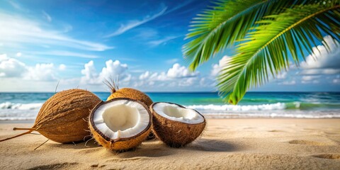 Sticker - Fresh juicy coconuts on a sandy summer beach, coconuts, beach, summer, healthy, food, tropical, refreshment, relaxation