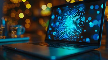 Wall Mural - A laptop screen shows a fingerprint on a blue background