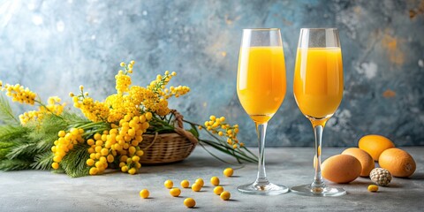 Sticker - Two glasses of mimosa cocktail champagne with orange juice decorated for Easter, mimosa, cocktail, champagne