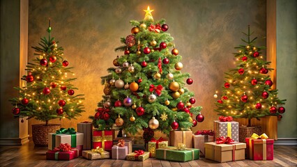 Poster - Decorated Christmas tree with colorful ornaments and surrounded by beautifully wrapped gifts , Christmas, tree