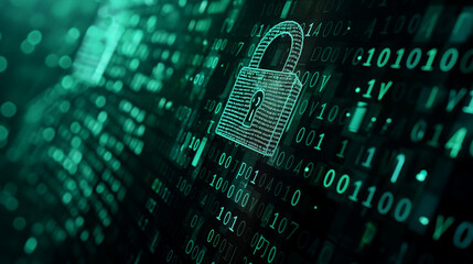 Dark background with binary code flowing around a digital padlock symbolizing a cyber attack