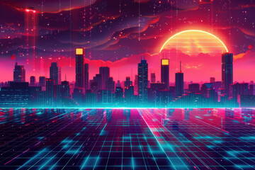 Retro background landscape 1980s style with modern futuristic city landscape