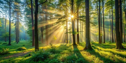 Poster - Morning in the forest with sunlight filtering through the trees , nature, trees, greenery, tranquil, peaceful, serene