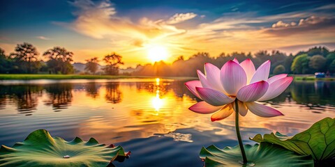 Canvas Print - Sunset casting a warm glow over a tranquil lake with a beautiful lotus flower in the foreground, sunset, lake, lotus, water