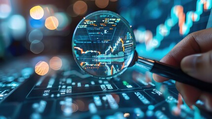 market research strategy with a hand holding a magnifying glass over a digital chart, laptop in the 