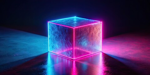 Wall Mural - Pink and blue neon gypsum cube on dark background, neon, gypsum, cube, pink, blue, vibrant, colorful, abstract, geometric