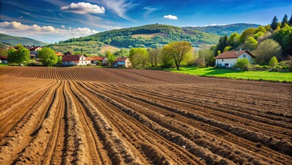 Canvas Print - Plowed field ready for planting in rural Bulgarian village, agriculture, farm, soil, planting, potatoes, rural, countryside