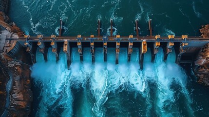 Wall Mural - Top View of Hydroelectric Dam Releasing Water. Dramatic top view of a hydroelectric dam releasing water, emphasizing the force and engineering marvel of renewable energy infrastructure.