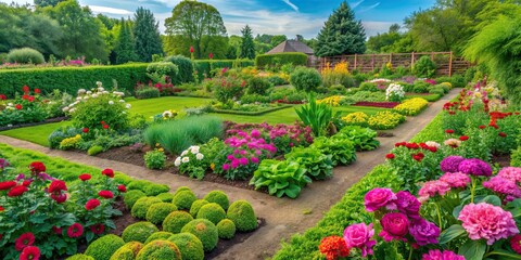 Wall Mural - Lush vegetable garden with green grass and vibrant pink flowers, plants, grown, ground, garden, green, grass, pink, flowers