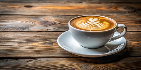 Sticker - Latte coffee in a white cup on a rustic wooden table, latte, coffee, cup, wooden, table, drink, beverage, morning, caffeine