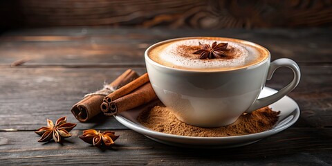 Sticker - Cup of cappuccino topped with frothy milk and sprinkled with cinnamon, coffee, cappuccino, beverage, drink, espresso, latte, foam