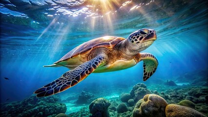 Poster - Majestic sea turtle swimming gracefully in the ocean , marine life, reptile, underwater, shell, wildlife, conservation