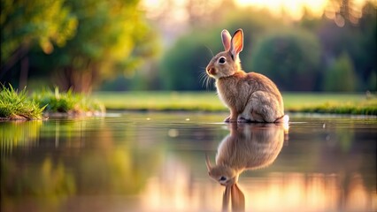 Sticker - Rabbit peacefully sitting in a serene lake, rabbit, water, lake, peaceful, tranquility, nature, wildlife, animals, reflection, calm