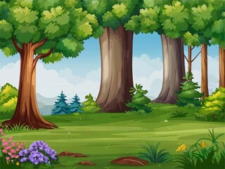 Blank meadow at daytime scene with various forest trees, vector forest scene with various forest trees, vector a flat nature background, vector forest scene with hiking track and many trees