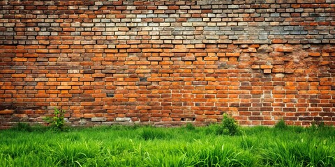 Dilapidated brick wall against spring grass background , abandoned, aged, weathered, decay, deteriorated, cracked, worn, old