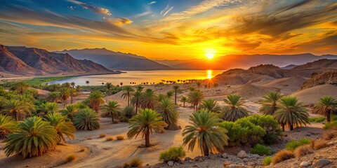 Poster - Sunset over the tropical landscape of NEOM Nature Reserve in Saudi Arabia, sunset, coastal lowlands