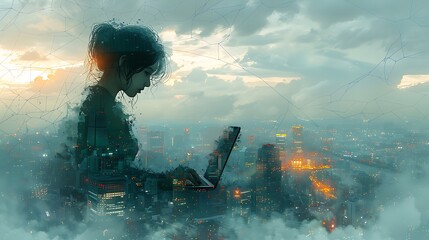 woman types on a laptop amidst abstract cityscapes and intertwined networks in light skyblue and gra