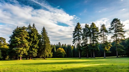 Sticker - Lush green meadow with tall pine trees, serene, nature, landscape, peaceful, trees, forest, outdoors, scenic