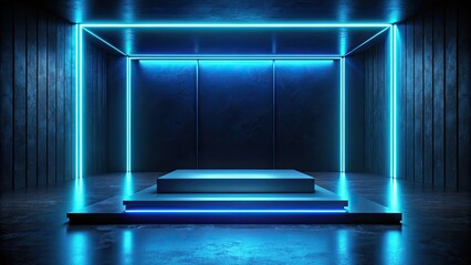 Canvas Print - Dark minimalist stage with blue neon lighting for modern studio background, neon, lighting, stage, minimalist, dark