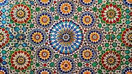 Wall Mural - Closeup of vibrant and intricate Moroccan tiles, colorful, pattern, mosaic, texture, design, decoration, traditional