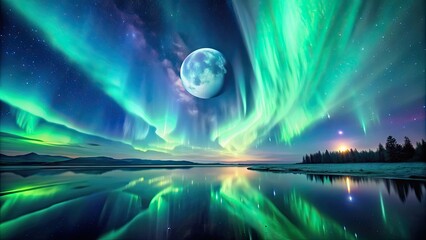 Canvas Print - Stunning aurora borealis dancing in the night sky with full moon , nature, beauty, celestial, colorful, vibrant, ethereal