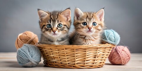 Canvas Print - Adorable tabby kittens playing in a basket with woolen thread balls, Kittens, tabby, basket, wool, thread, yarn, cute, small