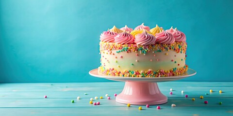 Poster - Pastel birthday cake with colorful frosting and sprinkles , celebration, dessert, bakery, sweet, party, anniversary