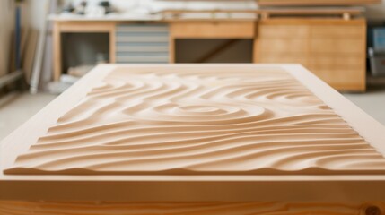 Carved wooden panel with wave pattern in a workshop.