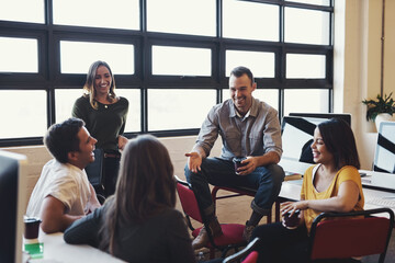 Poster - Team building, laughing and group in office for business, project and planning or communication. Collaboration, men and women in workplace or creative agency for conversation, brainstorming or comedy