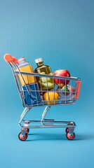 A small cart full of products on a blue background, hyper-realistic photo, ideal for banner with copy space.