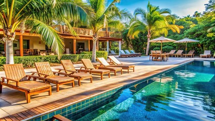 Sticker - Luxurious resort hotel with a sparkling pool and wooden lounge chairs on a tropical patio, Luxury, resort, hotel