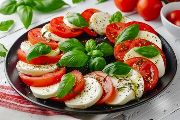 Sticker - Italian caprese salad with fresh mozzarella and tomatoes on a dark plate displayed on a white table View from above