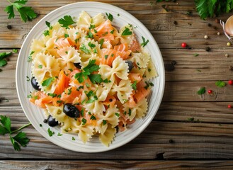 Sticker - Italian pasta salad with Farfalle smoked salmon black olives parsley cream sauce on wooden table top view