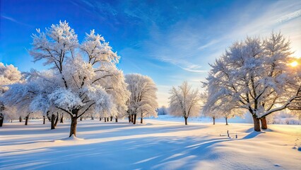 Wall Mural - Snowy landscape with trees covered in freshly fallen snow, creating a serene and peaceful winter snow background, Winter, Snow