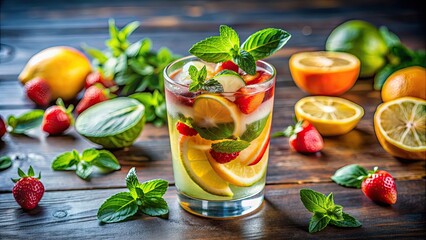 Canvas Print - Refreshing lemonade or mojito cocktail garnished with colorful fruits and fresh basil leaves , drink, beverage, lemon, lime