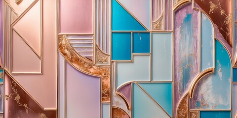 Sticker - Abstract geometric wall textures in pink, blue, and gold hues