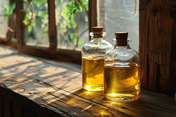 Poster - Jojoba oil in glass bottles on table