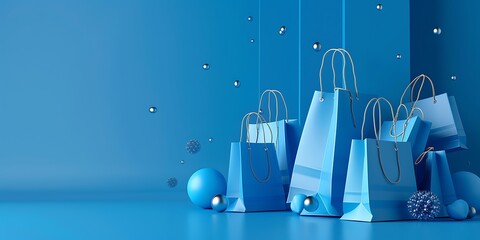 Wall Mural - Blue backdrop with shopping bags, banner for sales promotion, high-quality image.