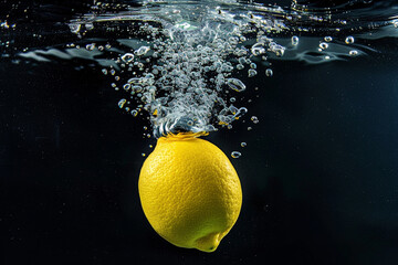 A lemon is falling into the water creating an explosion of bubbles and splash on a black background