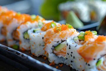 Sticker - Kani salad sushi with wasabi in the background a Japanese delicacy