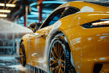 A car wash service. A man washes off the foam from yellow car with water from a pressurized hose