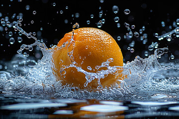 A lemon is falling into the water creating an explosion of bubbles and splash on a black background