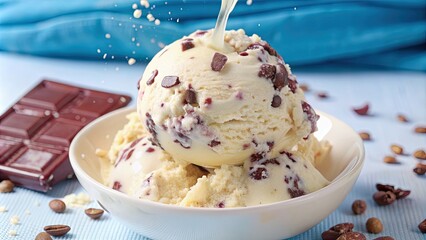 Canvas Print - Stracciatella ice cream scoop with chocolate chunks splashing in cream, stracciatella, ice cream, scoop, chocolate, chunks