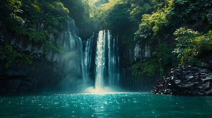 impressive waterfall falling into a lagoon of turquoise water