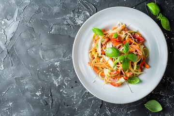 Wall Mural - Looking down at a white plate of spicy papaya salad