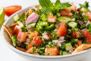 Wall Mural - Low view of Arabic Lebanese Fattoush Salad cold appetizers on white background